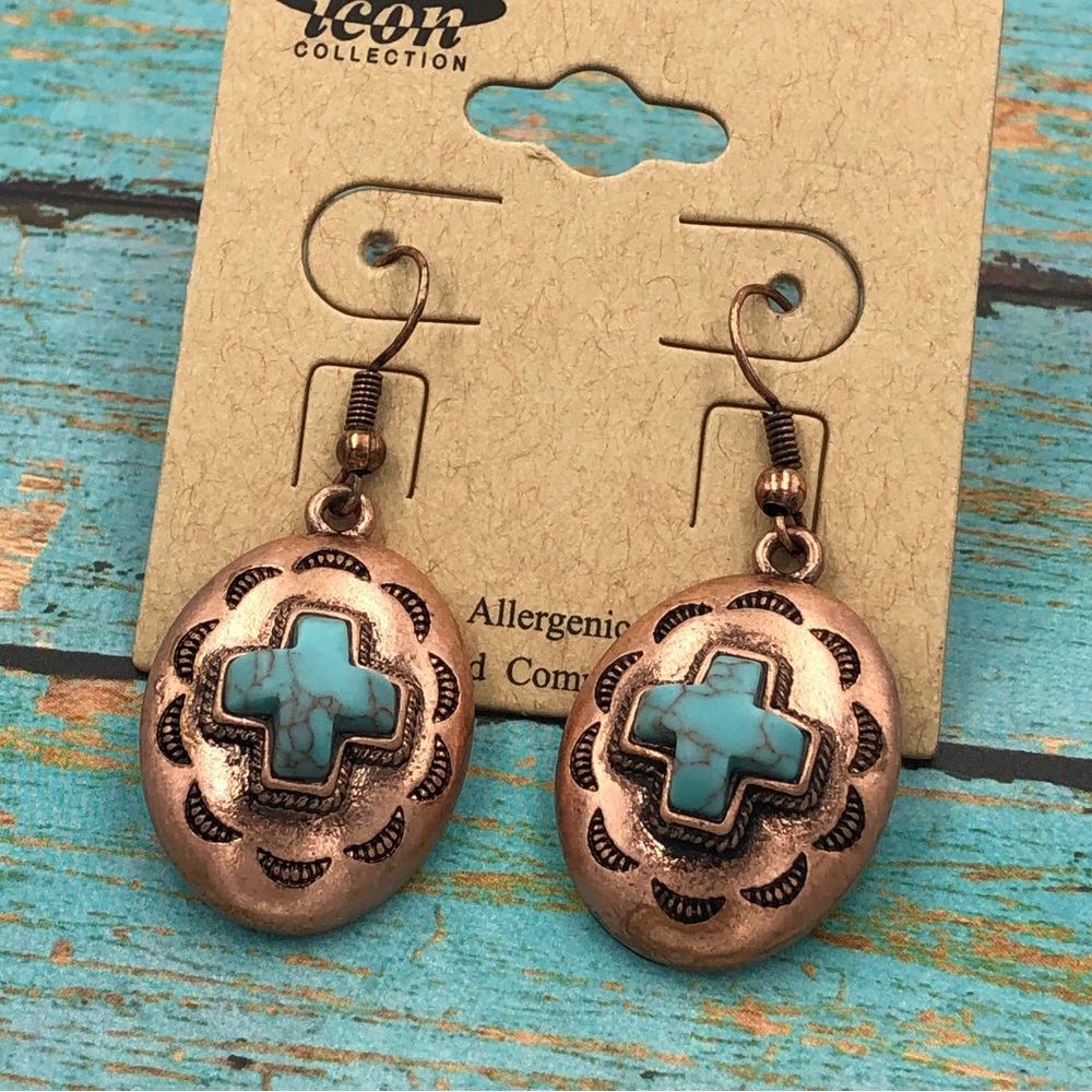 🌼 Copper Tone Turquoise Cross Western Concho Dangle Earrings